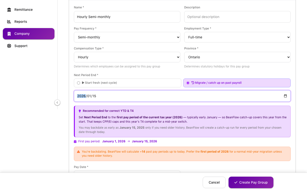 Product screen: Create a catch-up pay group
