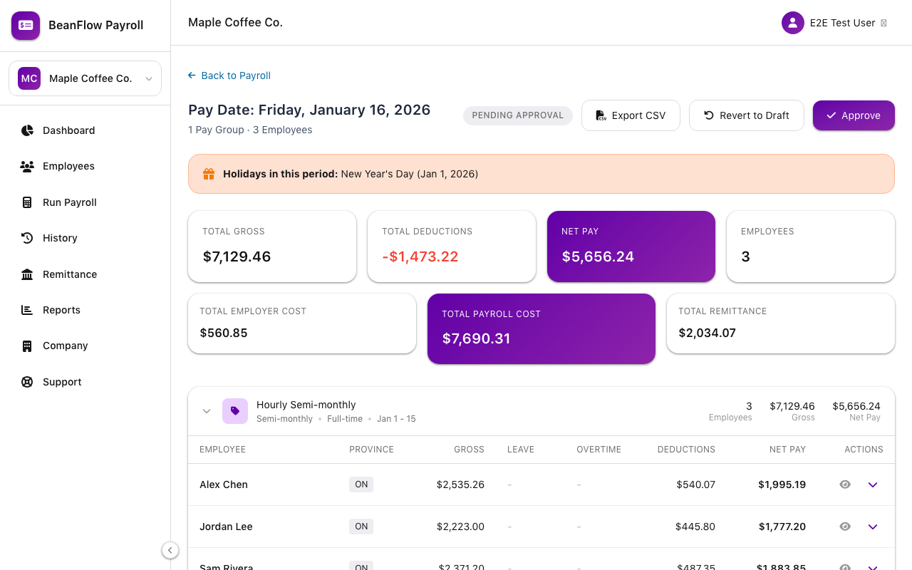 Product screen: Run payroll — catch-up, then this period